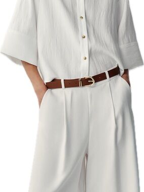 Zara White Wide-Leg Bermuda Shorts with Brown Belt